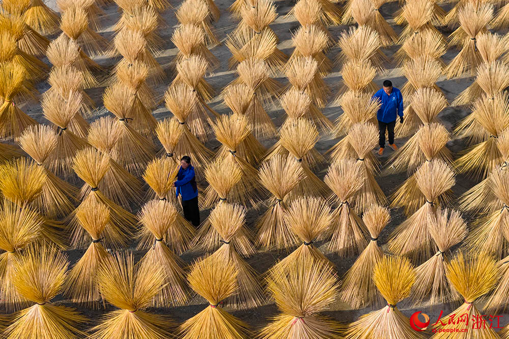 近日，在浙江省龍泉市八都鎮(zhèn)，趁著天氣晴好，工人正在翻曬加工好的竹絲。人民網(wǎng) 章勇濤攝
