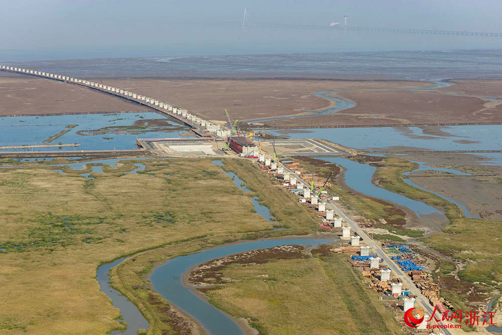 位于浙江省寧波前灣新區(qū)的跨海鐵路大橋建設(shè)現(xiàn)場，中交二航局的建設(shè)者們正在抓緊施工作業(yè)。人民網(wǎng) 章勇濤攝