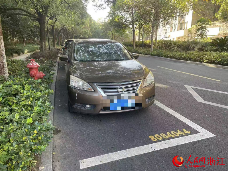 11月29日下午3時記者目擊，濱江區(qū)同人街上，有2個收費停車位就設(shè)在消防栓旁邊。人民網(wǎng)記者 王麗瑋攝